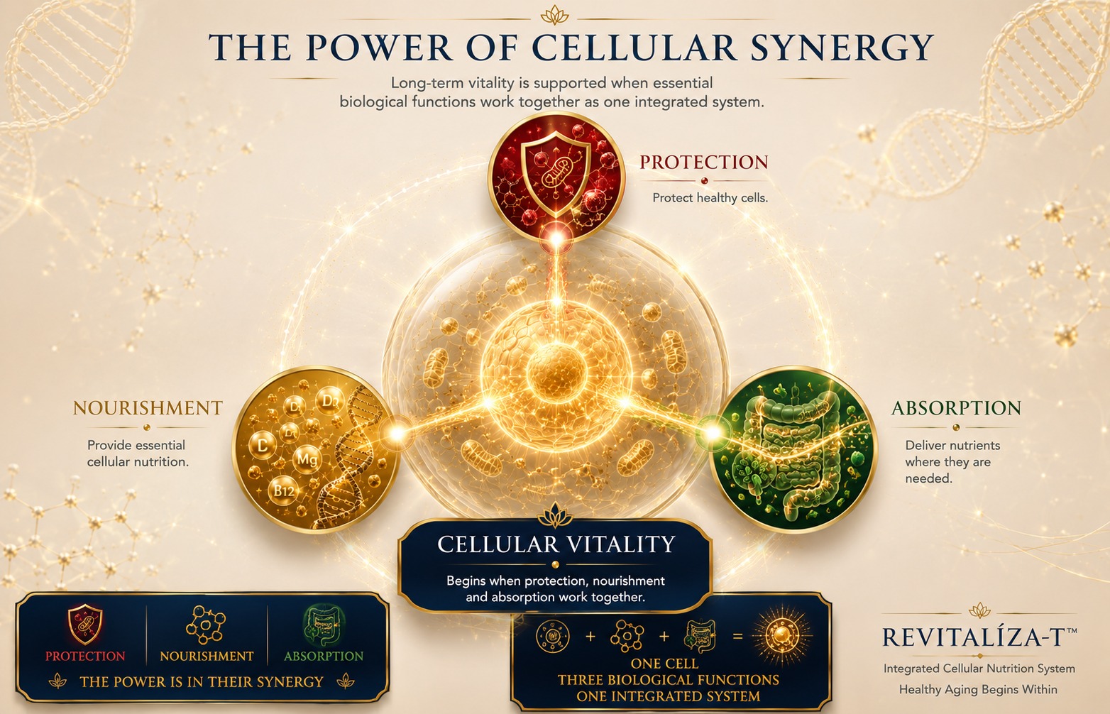 Sinergia celular: Protección + Nutrición + Absorción convergen en Vitalidad Celular