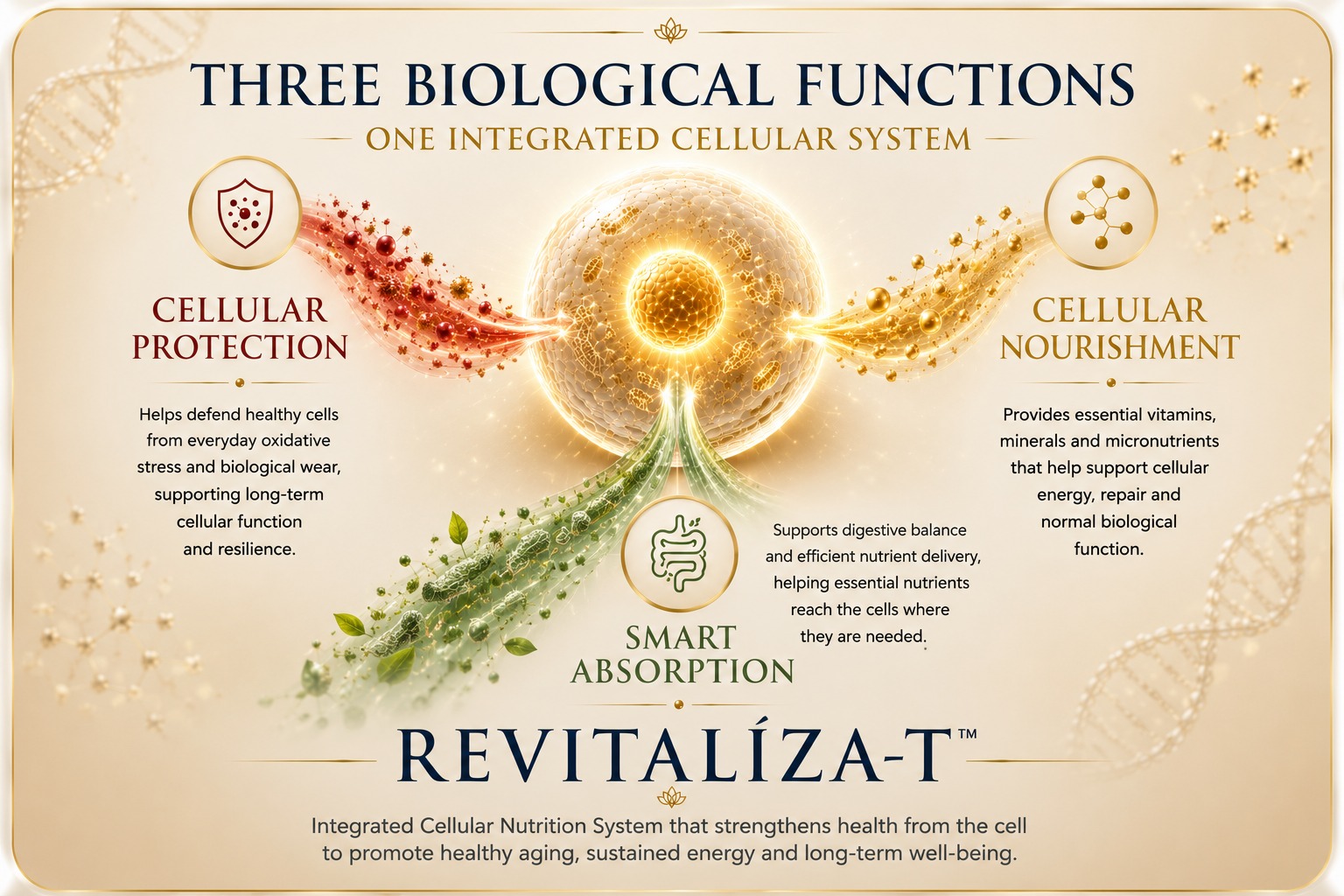 Cómo funciona el sistema Revitalíza-T: Protección → Nutrición → Absorción → Vitalidad Celular